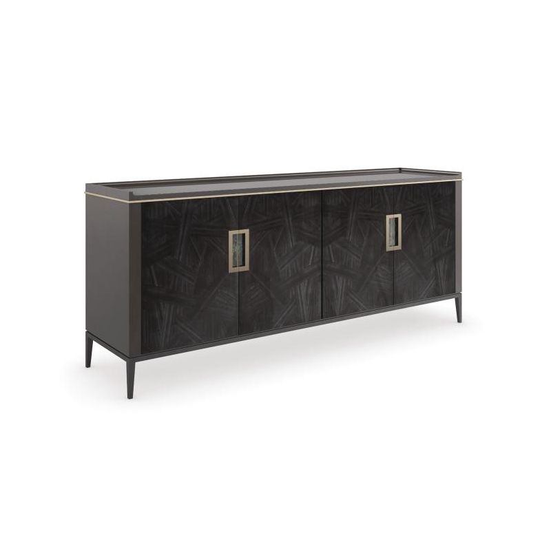 Black side board with gold accents and detailed wooden finish 