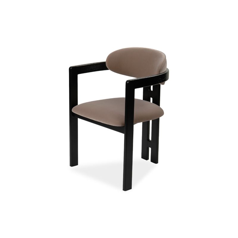 Angular yet elegant dining chair with striking lines and slim seating pads