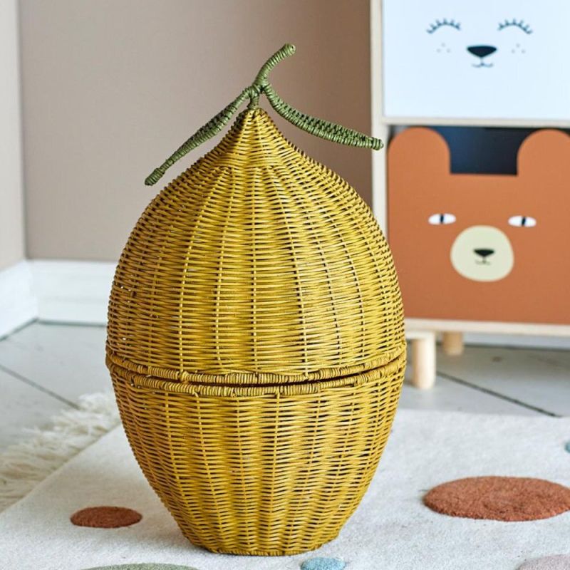 Lemon shaped wicker basket with  leaf details