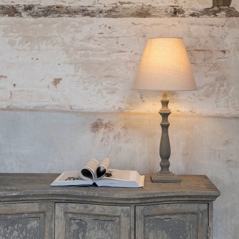 Traditional, slim, grey side lamp with cream linen shade