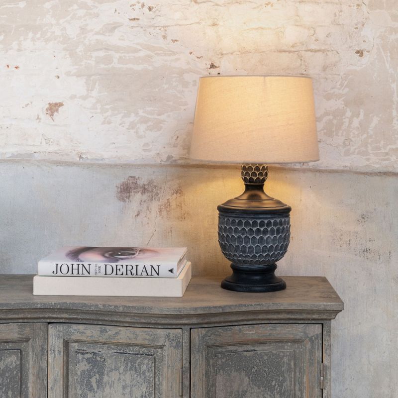 Side lamp resembling pine cone base, with cream linen shade