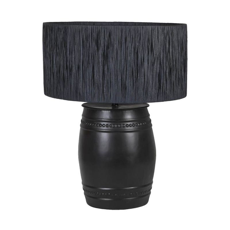 Bold black table lamp with raffia shade