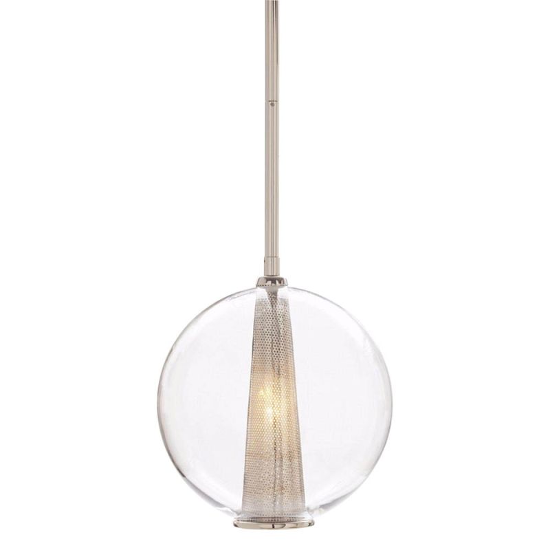 Glass orb pendant light with adjustable drop and metal interior