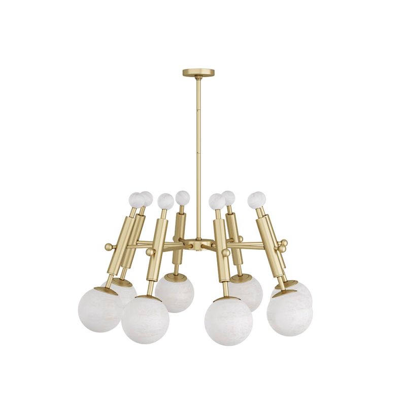 Umbrella-shaped brass chandelier with opal-swirl glass shades