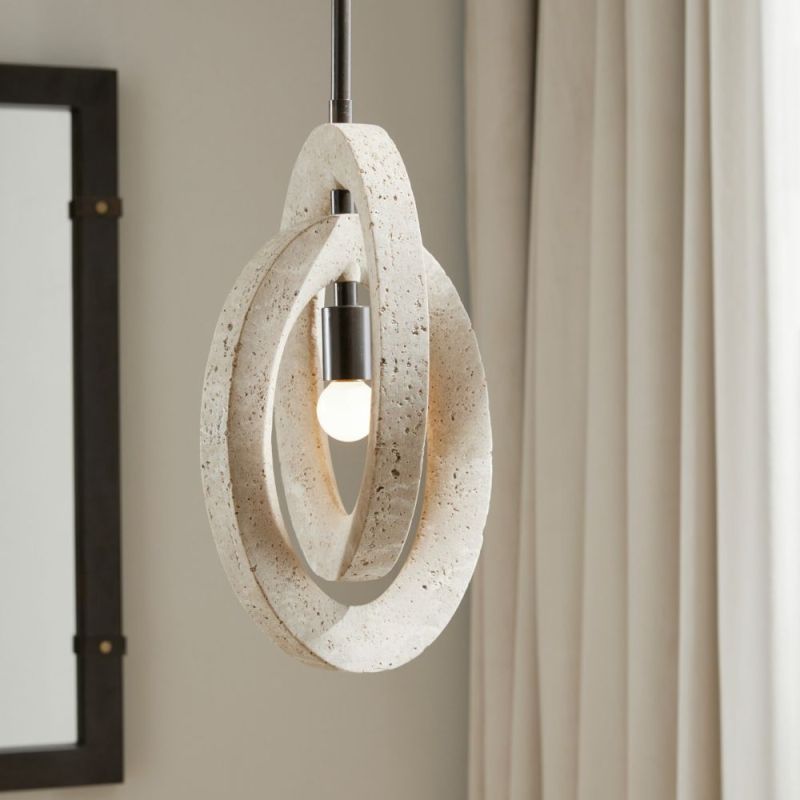 Pendant light featuring two cylindrical discs intertwined in travertine finish