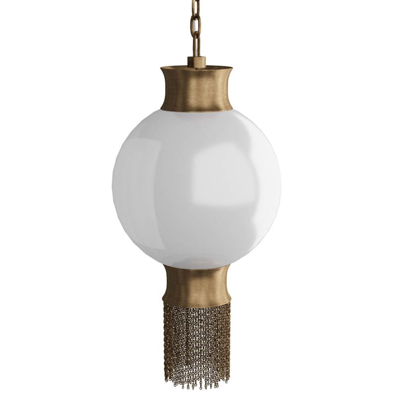 Round white orb light with chain tassel at the base in brass