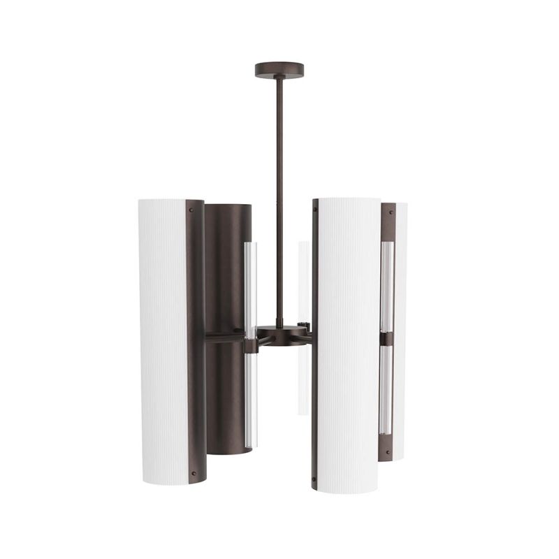 Ribbed, white acrylic and English bronze cylinder with four arms, divided by suspended clear crystal tubes