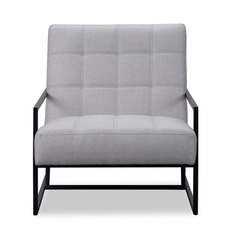 Grey chair with gently reclined backrest, padded seats and black legs