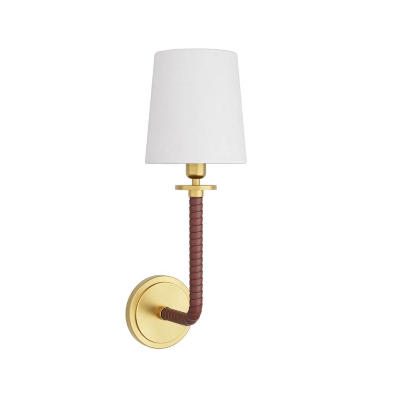 Classic wall sconce with red leather wrapped arm and brass mount