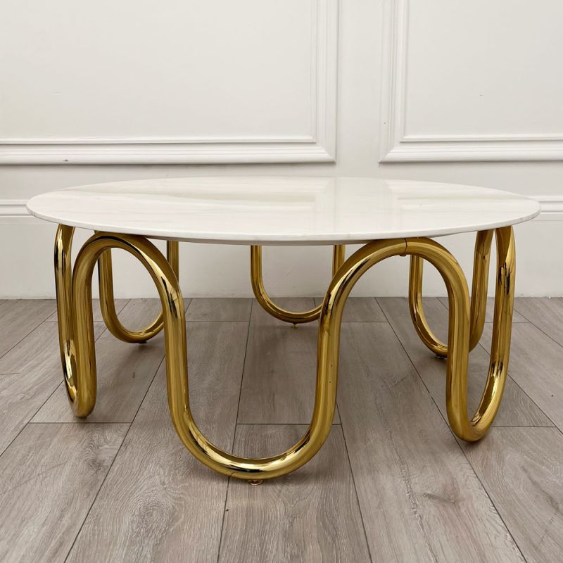 Round marble topped coffee table with gold wiggly legs