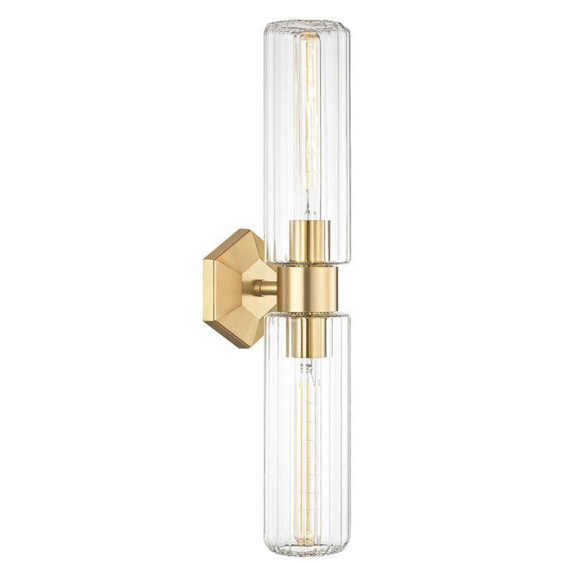 Clear, tubular wall sconce with gold accents