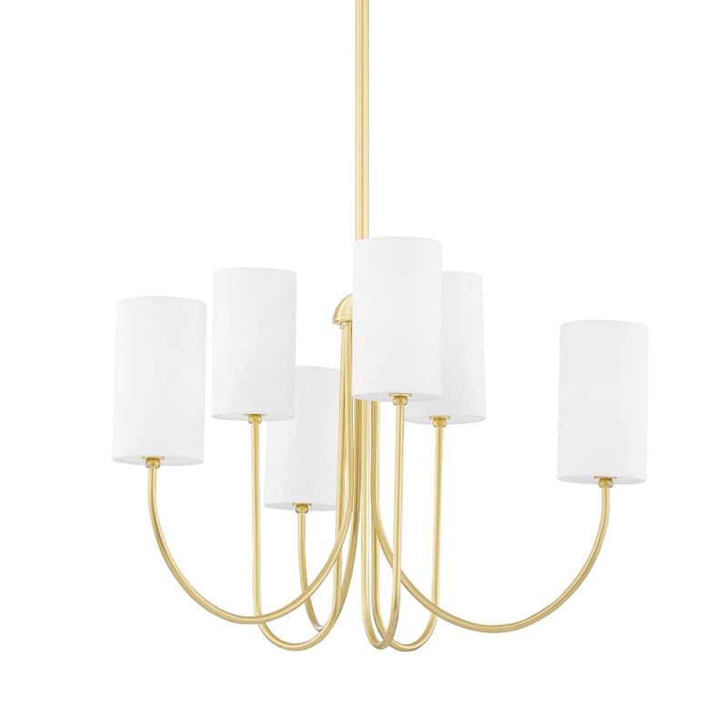 Sleek golden chandelier with multiple white linen shades