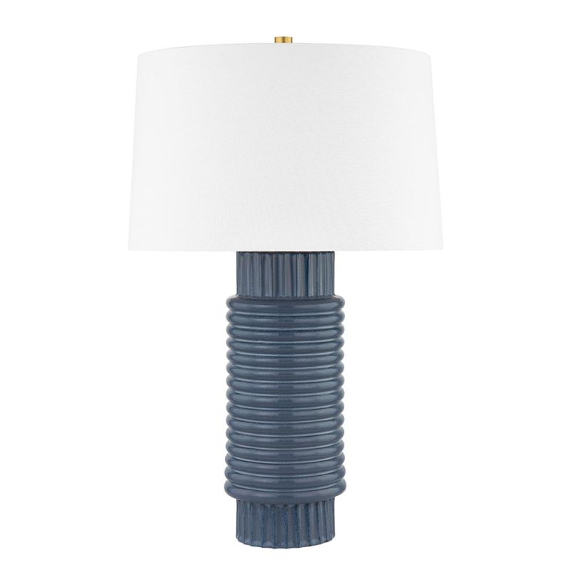 Blue ceramic side lamp with white shade and gold accents