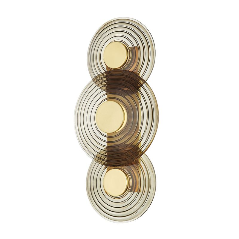 Wall sconce with three brown glass accents and gold fixtures