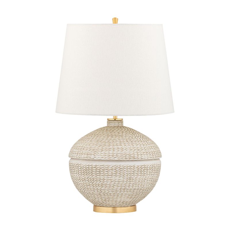 Side lamp with rope textured base and white shade, and gold accents 