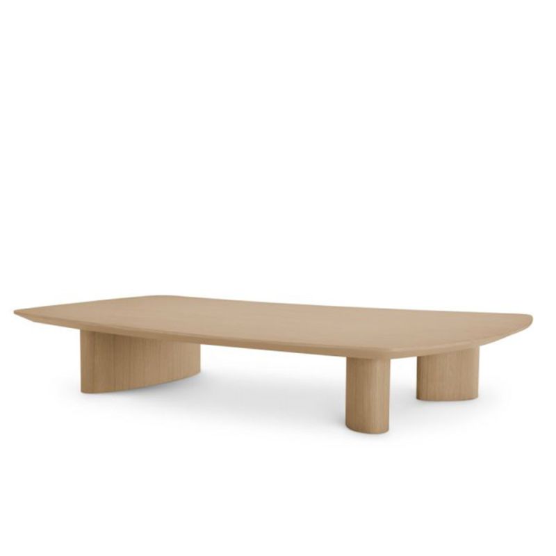 Sculpted oak coffee table with three thick wooden legs