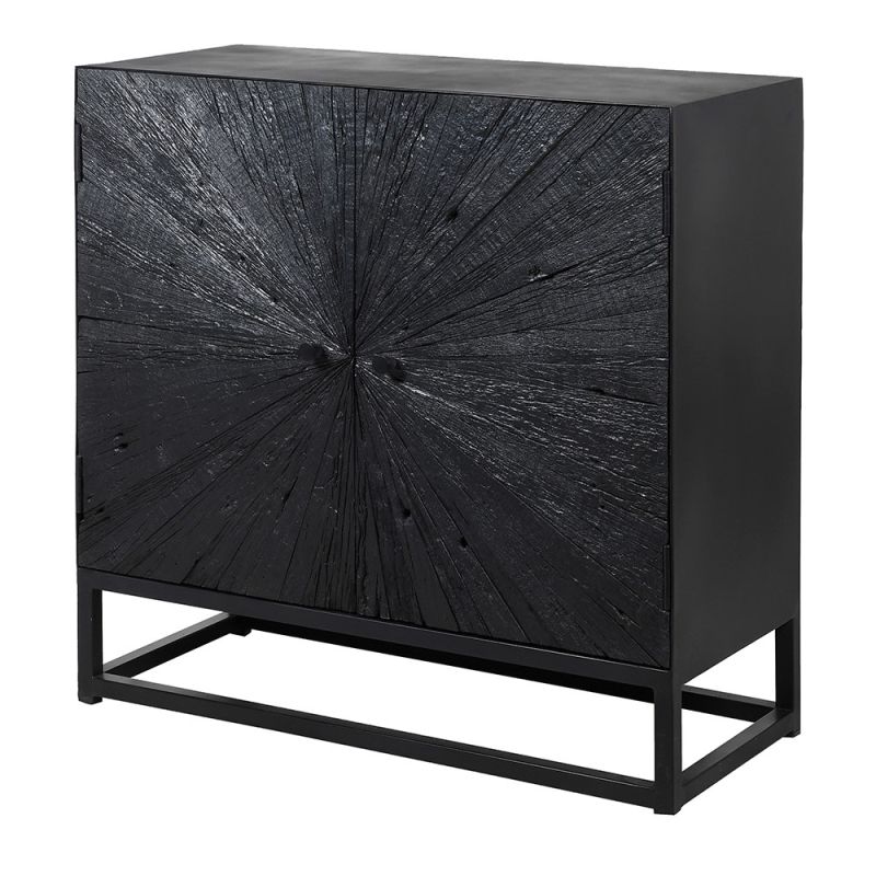 Black wooden cabinet with starburst design and metal frame