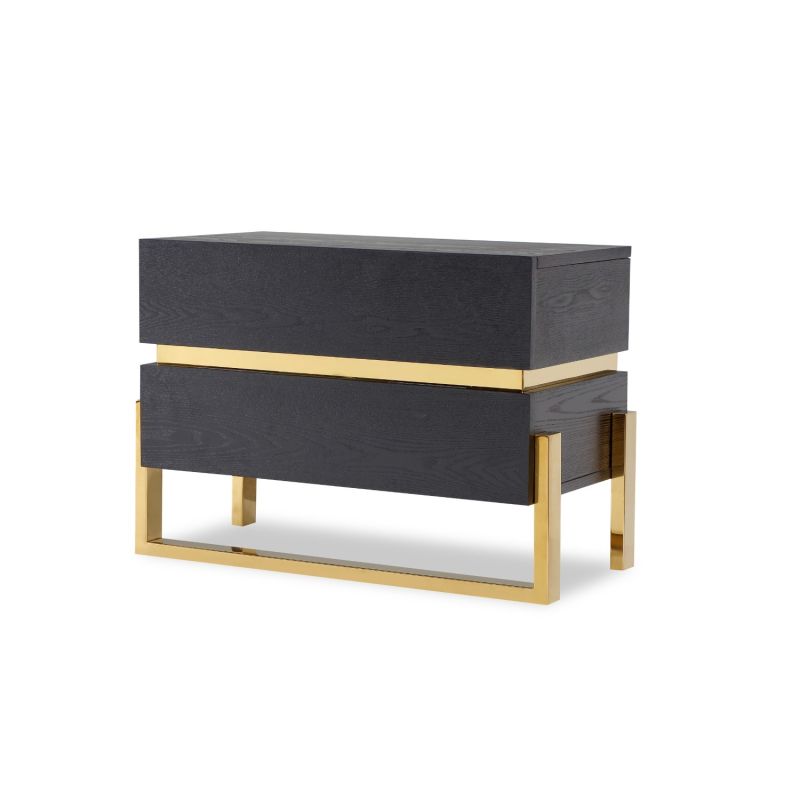 Brass legged bedside unit with brass accent in the middle and dark wood finish