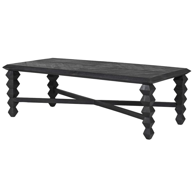 Black wooden coffee table with geometric legs