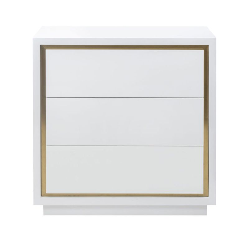 High gloss white lacquer chest of drawers with brass frame