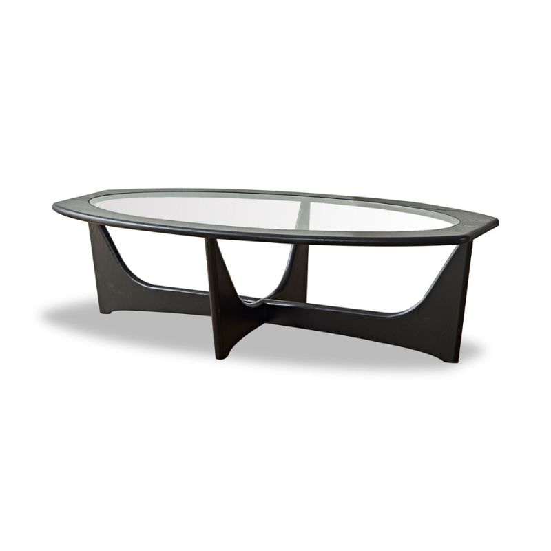 Wooden coffee table with strong futuristic base and glass top