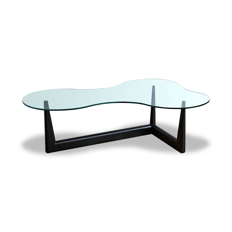 Wavy glass coffee table with three brown wooden legs