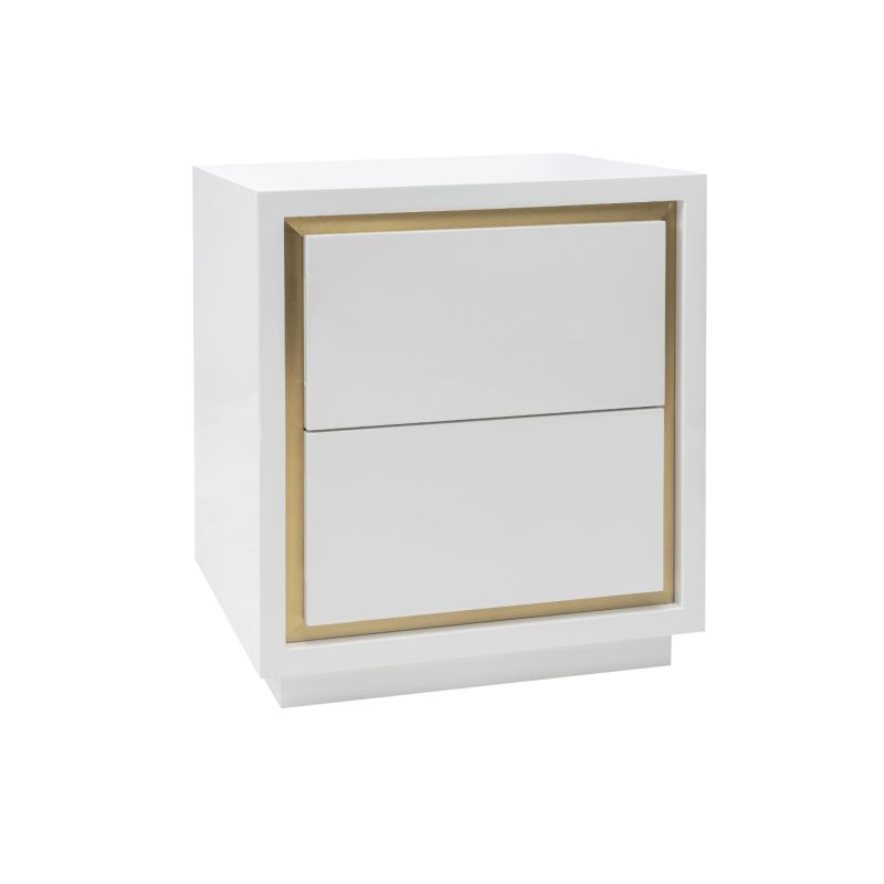 A sleek bedside table by Liang & Eimil with a white finish and brushed brass details