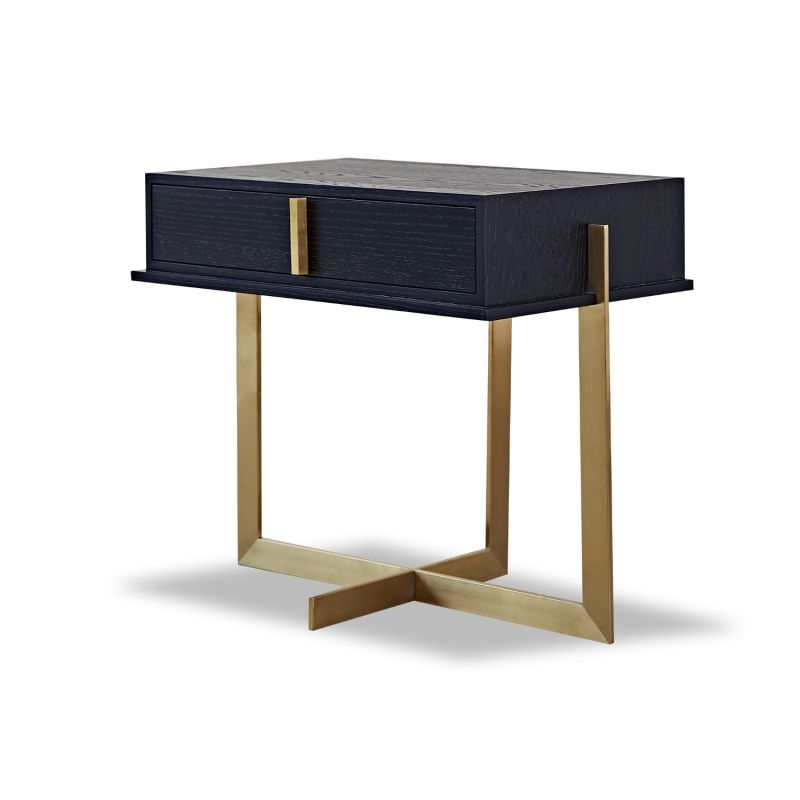 A sophisticated bedside table by Liang & Eimil with a black and brass finish