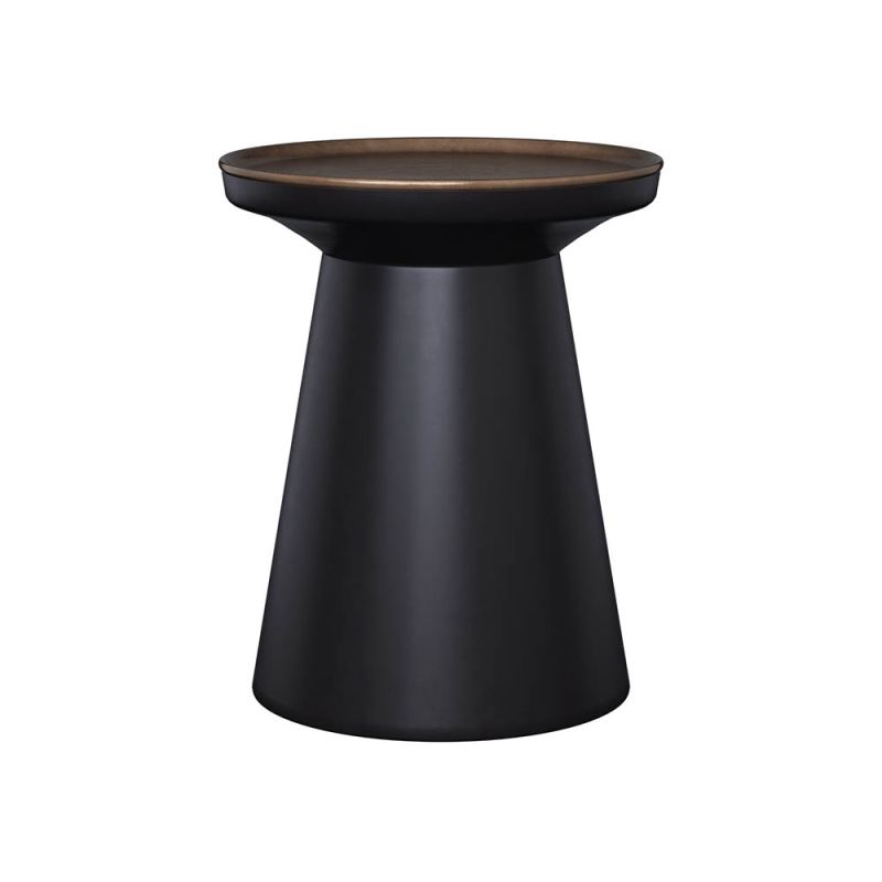 black plinth side table with brassy round tray top