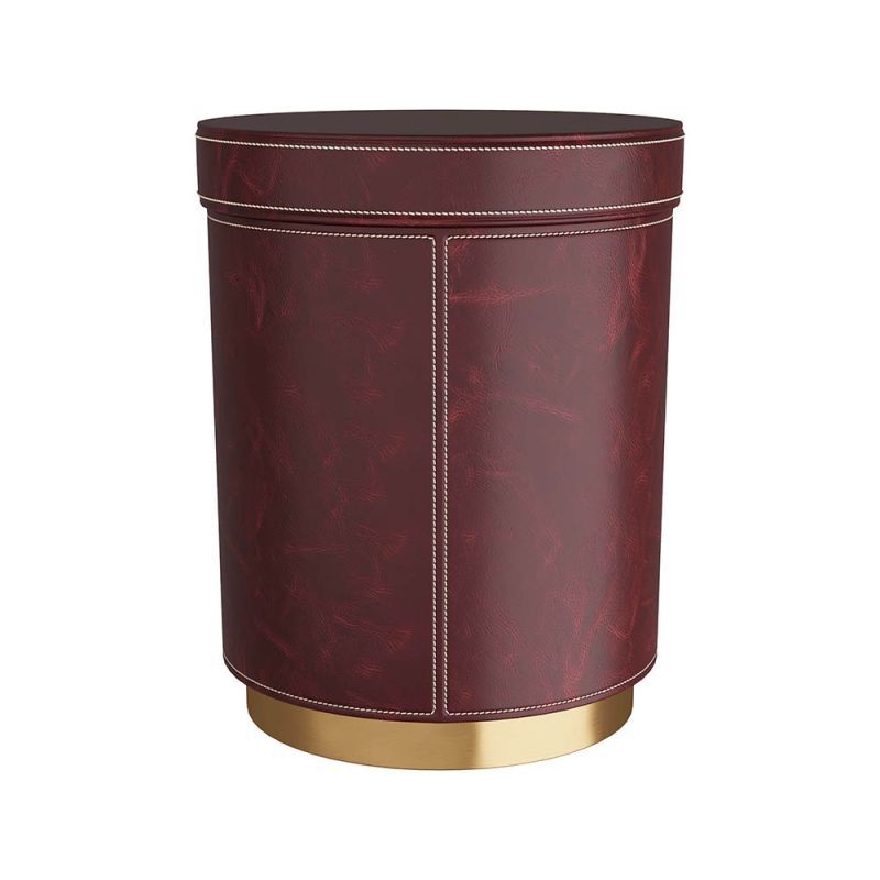 Red leather wrapped side table with white stitching and brass base