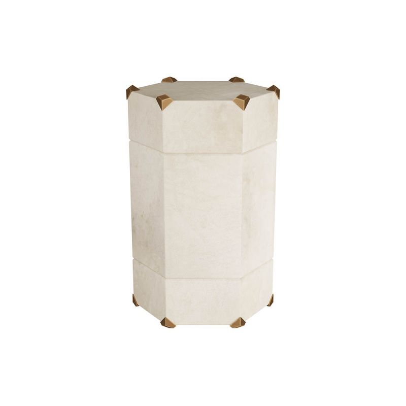 Stone hexagonal shaped side table with geometric brass corners