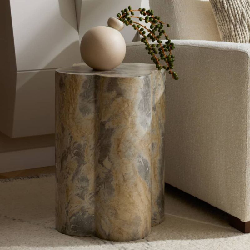 Marble finish side table in four leaf clover shape.