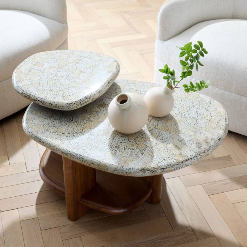 Tiered coffee table with walnut wood base with shelves wrapped in a lacquered natural eggshell.