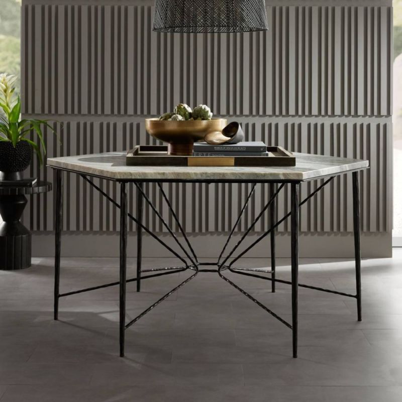 Hexagonal topped marble dining table with black metal