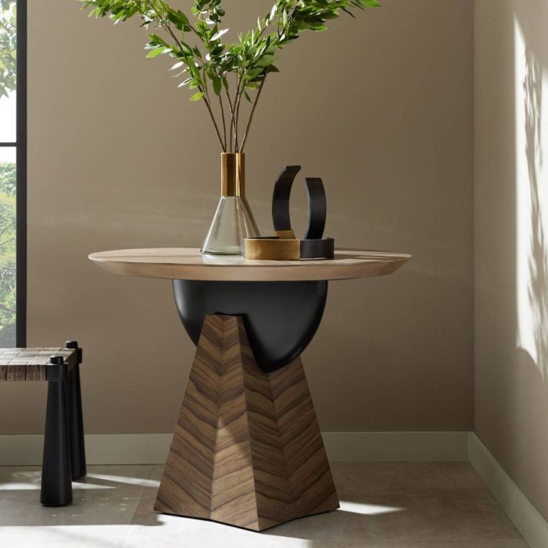 Sunburst patterned entry table with round top and pyramid base