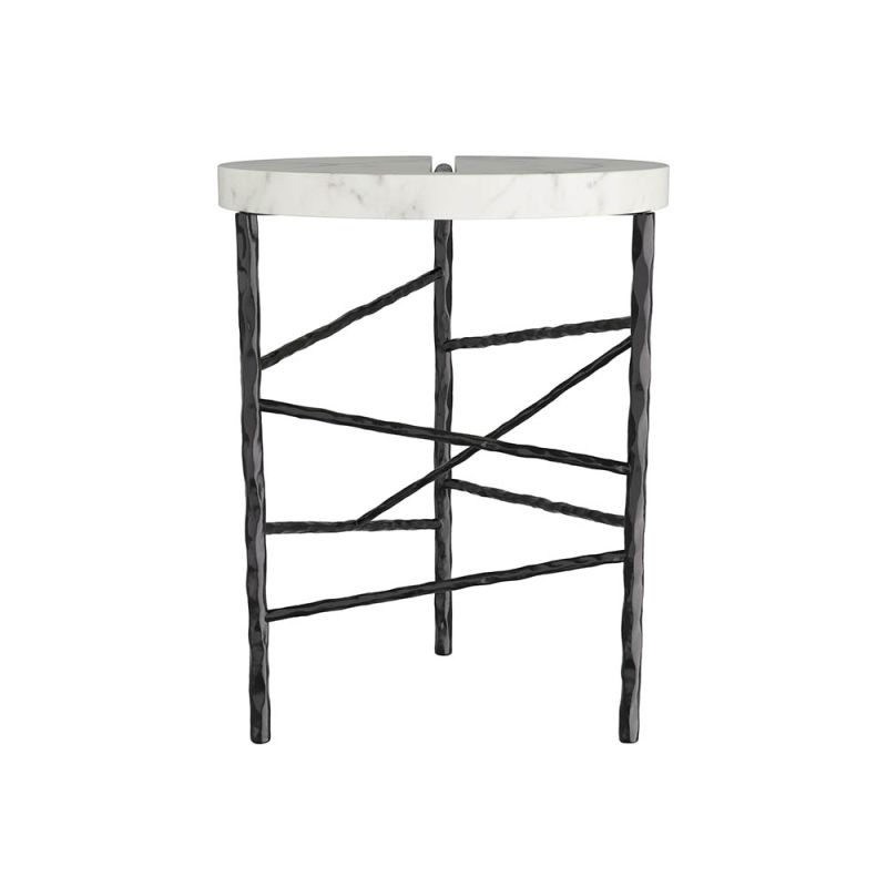 White marble side table with trio of intersecting blackened iron legs