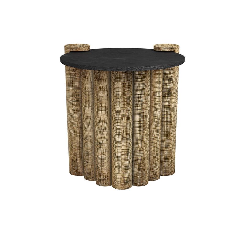 Cross-hatch style wood base with round black surface