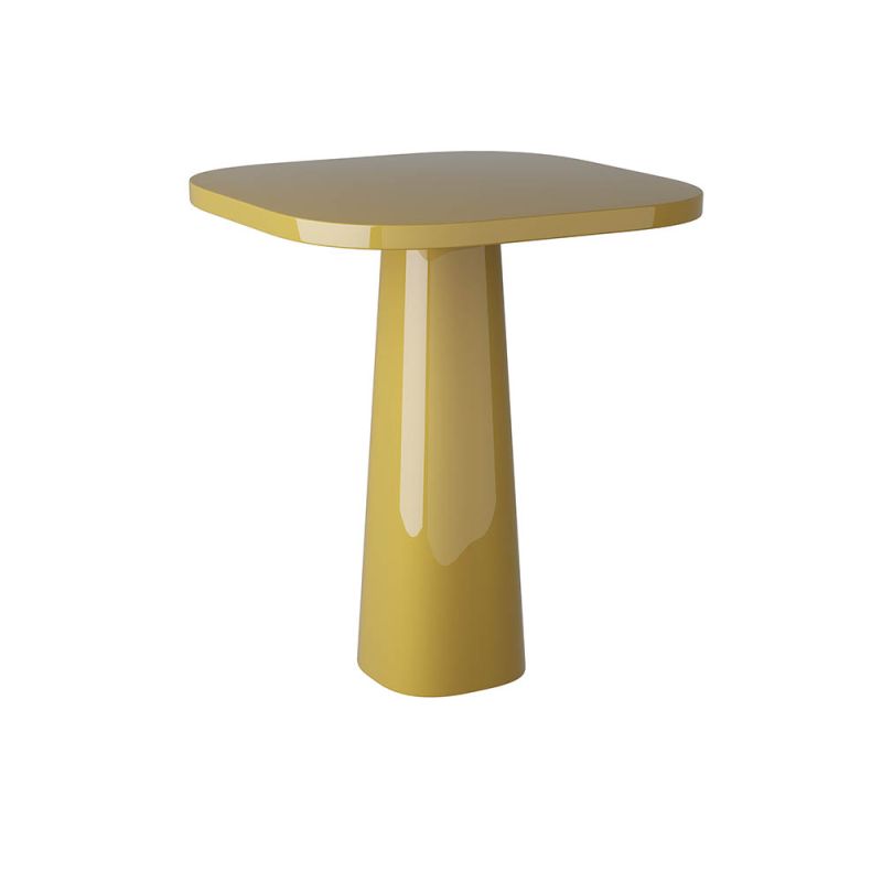 Yellow side table with thick-rimmed top and solid tapered base