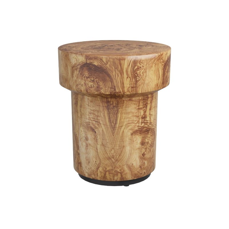 Veneered end table reminiscent of a champagne cork with iron base