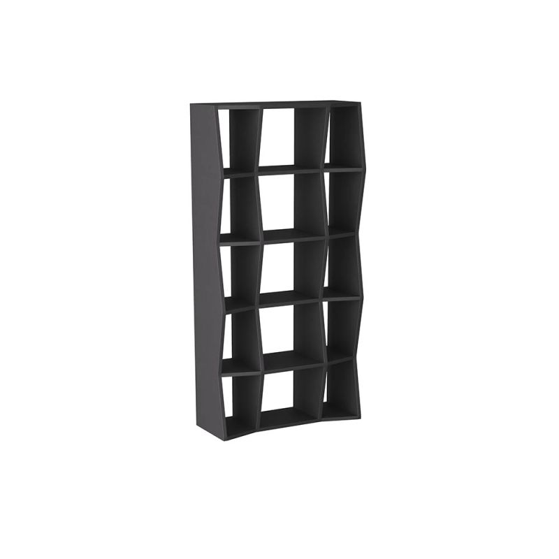 Geometric black wooden bookcase with shelving of varied depths