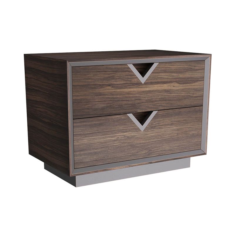 Two-drawer accent table with bronze brass banding and V-shaped hardware