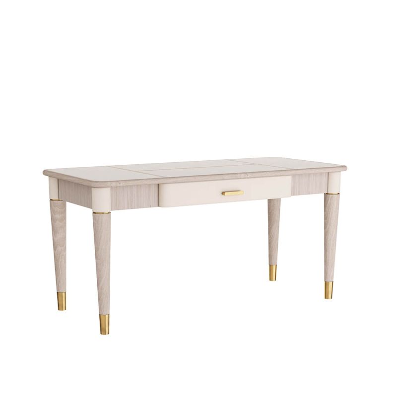 Smoke beechwood desk with tapered legs, bullnose edge and stitched ivory leather surface