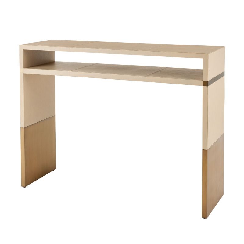 Sleek leather console table featuring antique brass cladding on legs