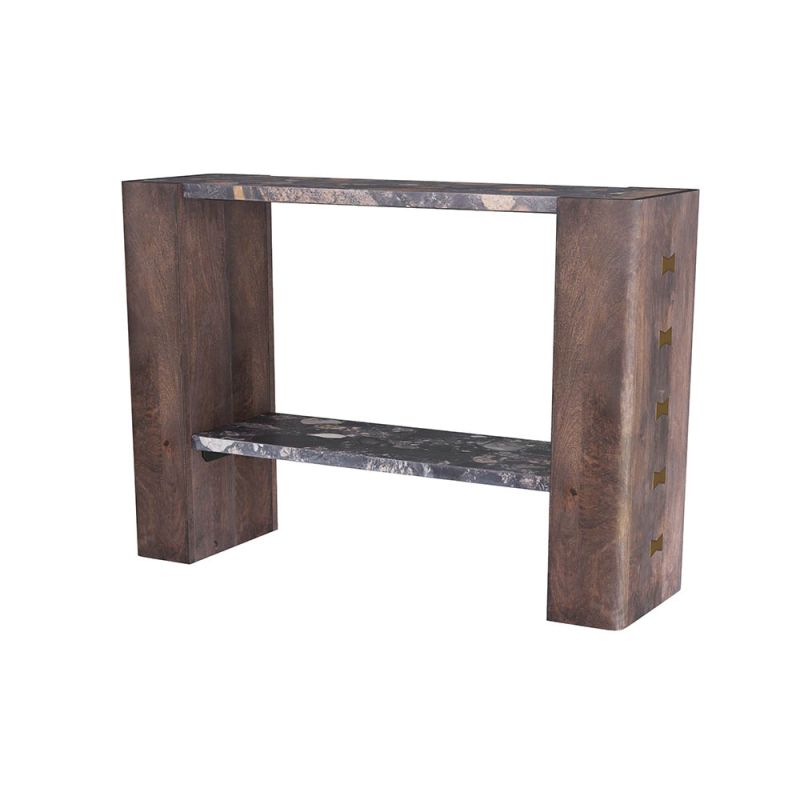 Console table with mango wood legs and neutral marble surfaces