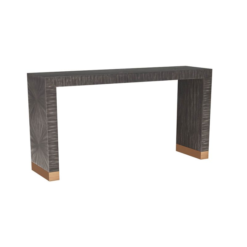 Grey radiant patterned wooden console table with bronze base