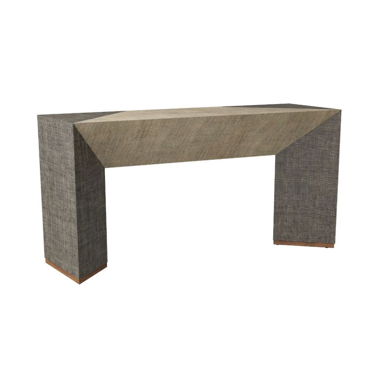 Console table with intersecting lacquered grey and smoke cloth panels