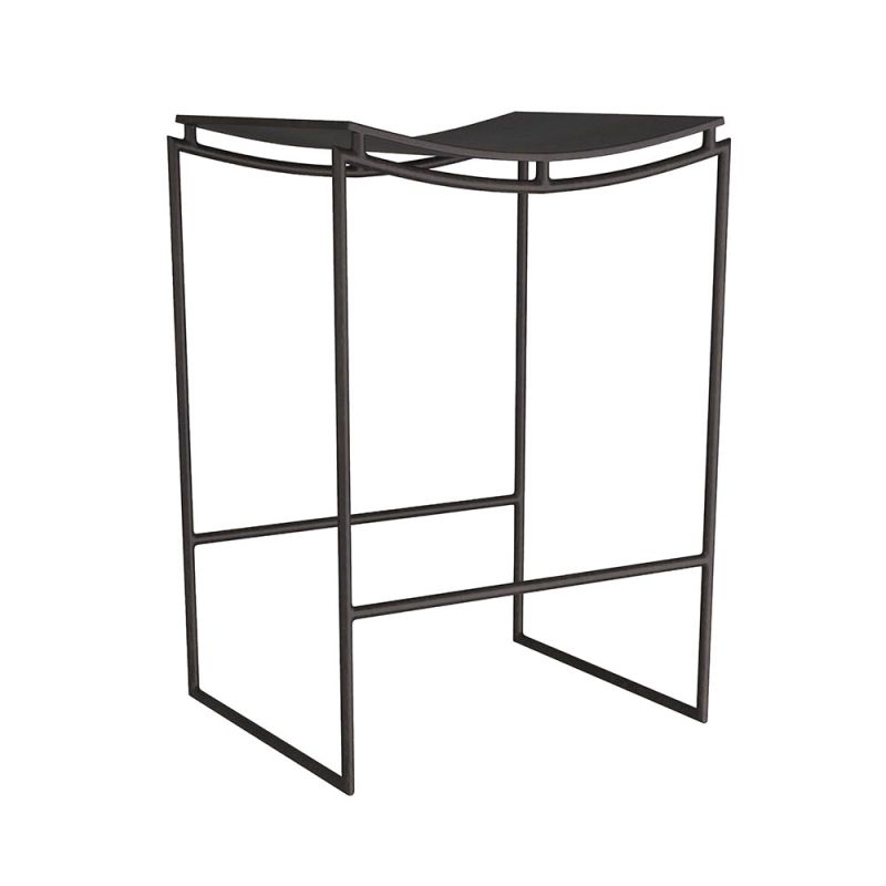 Industrial and sculptural sling-like counter stool constructed of blackened iron