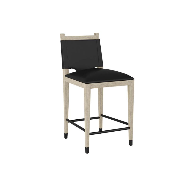 Wooden counter stool with black leather wrapped back and seat