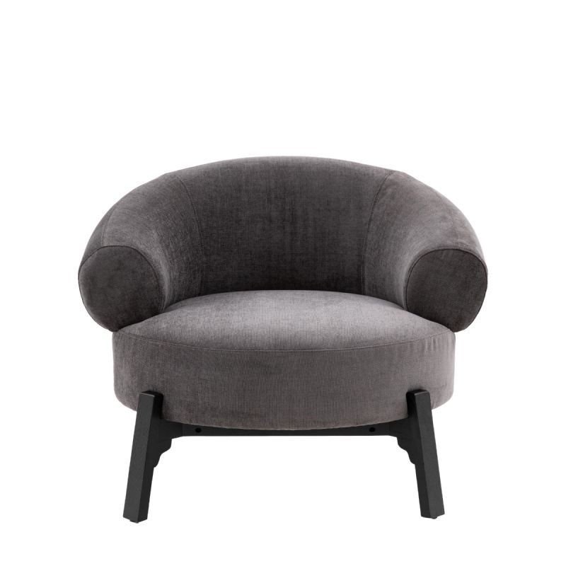 Armchair with curved wrap around back and round seat supported by dark wood base frame and legs