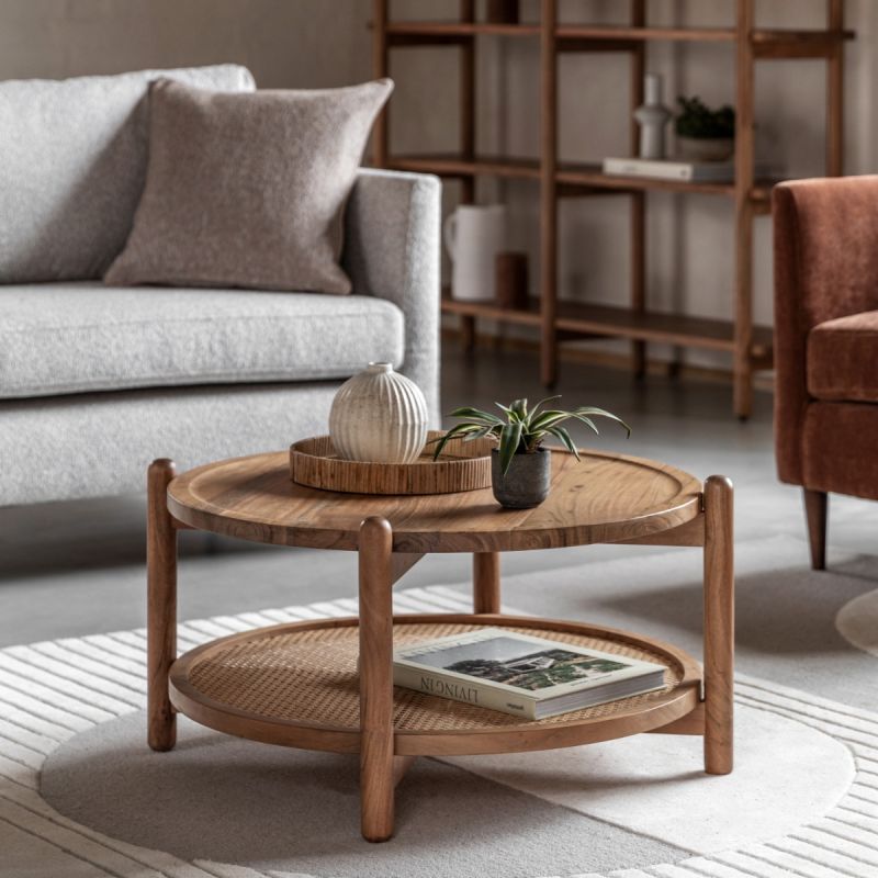 Wooden coffee table with lower rattan shelf